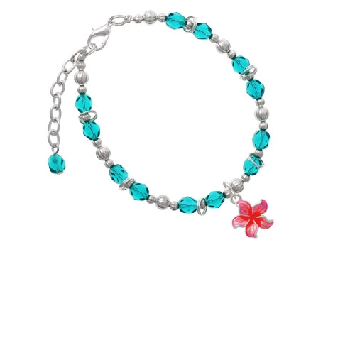Silvertone Hot Pink and Orange Plumeria Flower Teal Beaded Bracelet