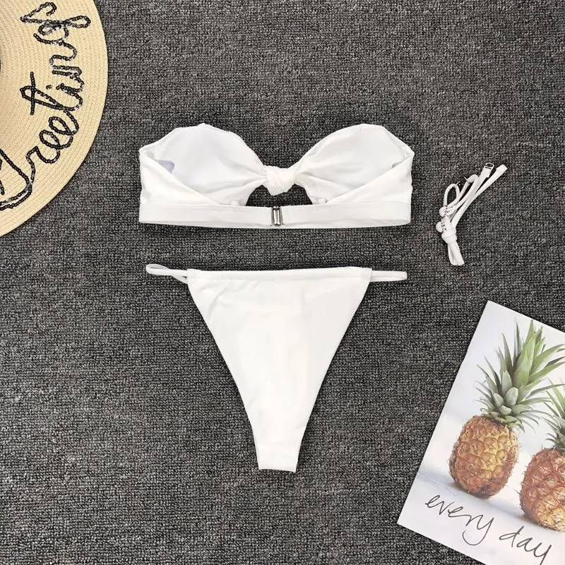 

Women Sexy Bikini Detachable Strapless Knotted Hollow Out Crop Top Bandeau Waistband Ruched Thong Solid Color Swimsuit