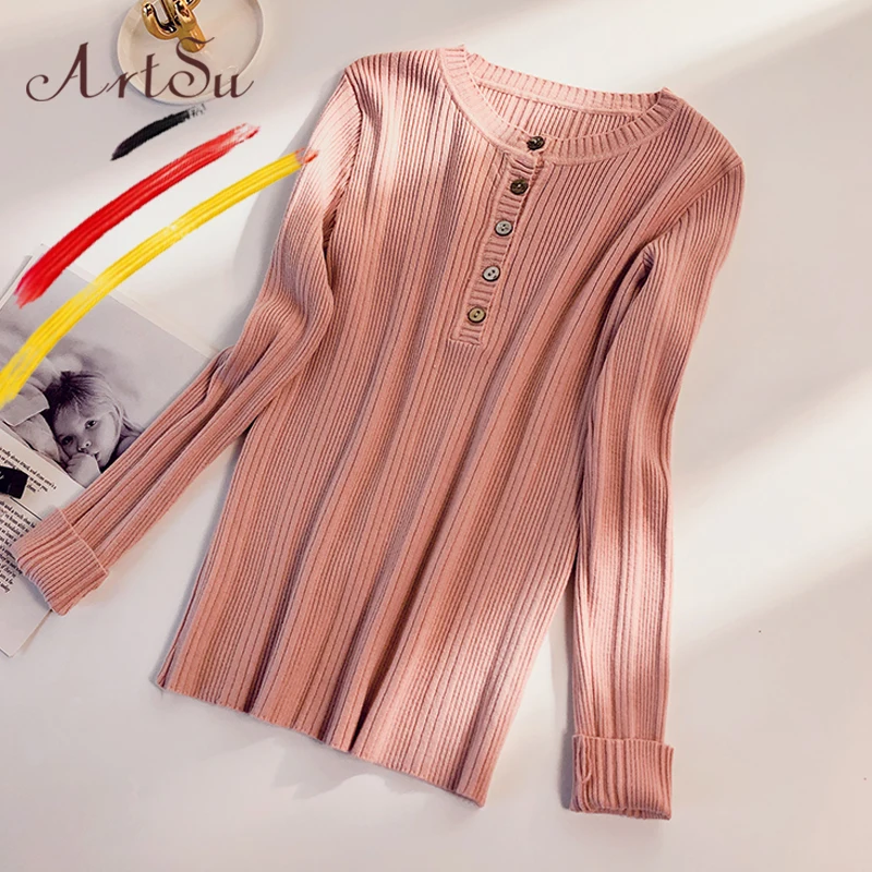 Koop ArtSu Vrouwen Casual O hals Met Lange Mouwen Slim Gestreepte Gebreide Tops Fashion Herfst Roze Trui Truien Dames Kantoor White Jumper