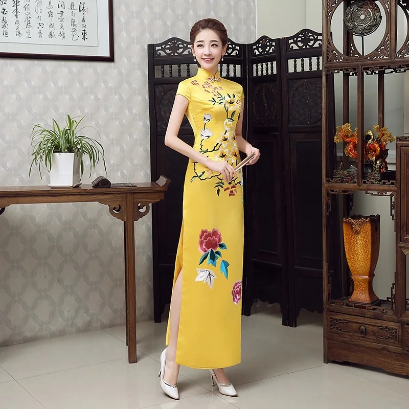 Sexy Qipao Embroidery Cheongsam Long Chinese Oriental Dresses Yellow