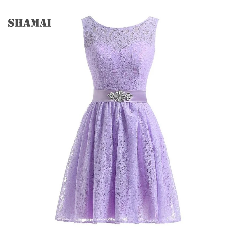 

SHAMAI Lavender Short Lace Homecoming Dresses Crystal Beading Sash Wedding Party Dresses Cheap Burgundy Bridesmaid Dresses