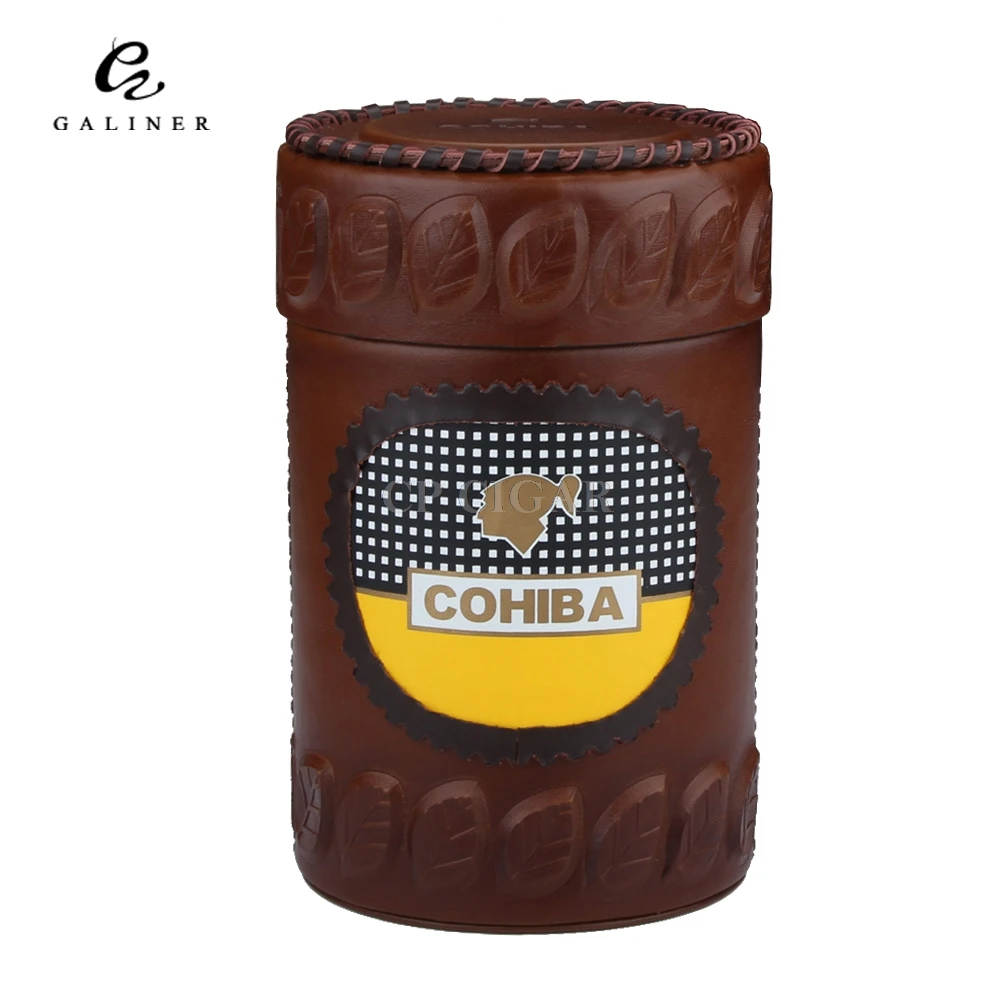 COHIBA Leather Cigar Humidor Cedar Lined Cigar Jar Tube with Hygrometer