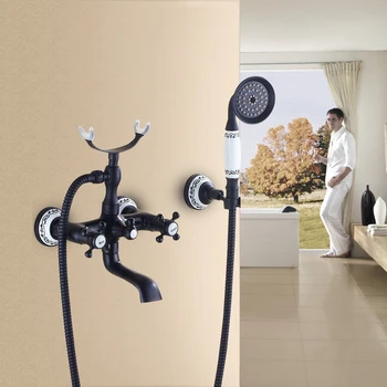 

Bathroom Vintage Nickel Brushed Black Brass Simple Shower Set Wall Mounted Bath Shower Mixer Tap Phone Ceramic Handheld