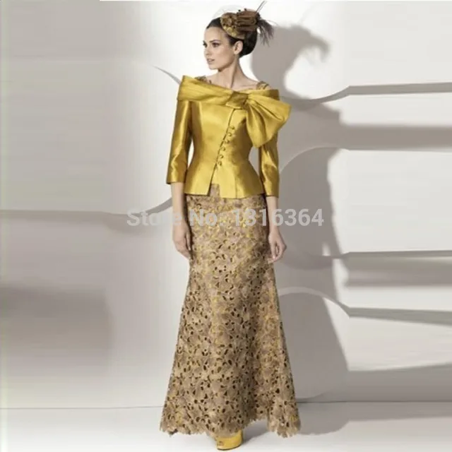 Gold Mother Of The Bride Dresses With Jacket Long Sleeves Floor Gold Mother Of The Bride Dresses With Jacket Long Sleeves Floor Length Mermaid Lace Formal Wedding
