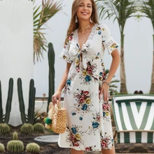 Bohemian Summer Elegant Dress Women 2019 Summer Bow V-Neck Sexy Dresses Woman Flower Print Hem Ruffle Beach Dress Rode Femme Bohemian Summer Elegant Dress Women 2019 Summer Bow V-Neck Sexy Dresses Woman Flower Print Hem Ruffle Beach Dress Rode Femme