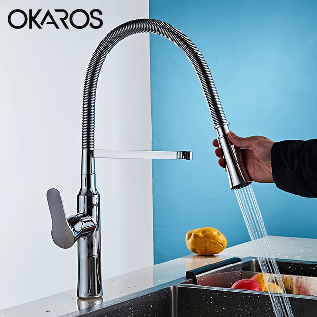 Best Quality OKAROS Pull Out Kitchen Faucet Chrome Spring Dual Sprayer Nozzle Cold Hot Water Mixer  Swivel Faucet Torneira Cozinha C082-C