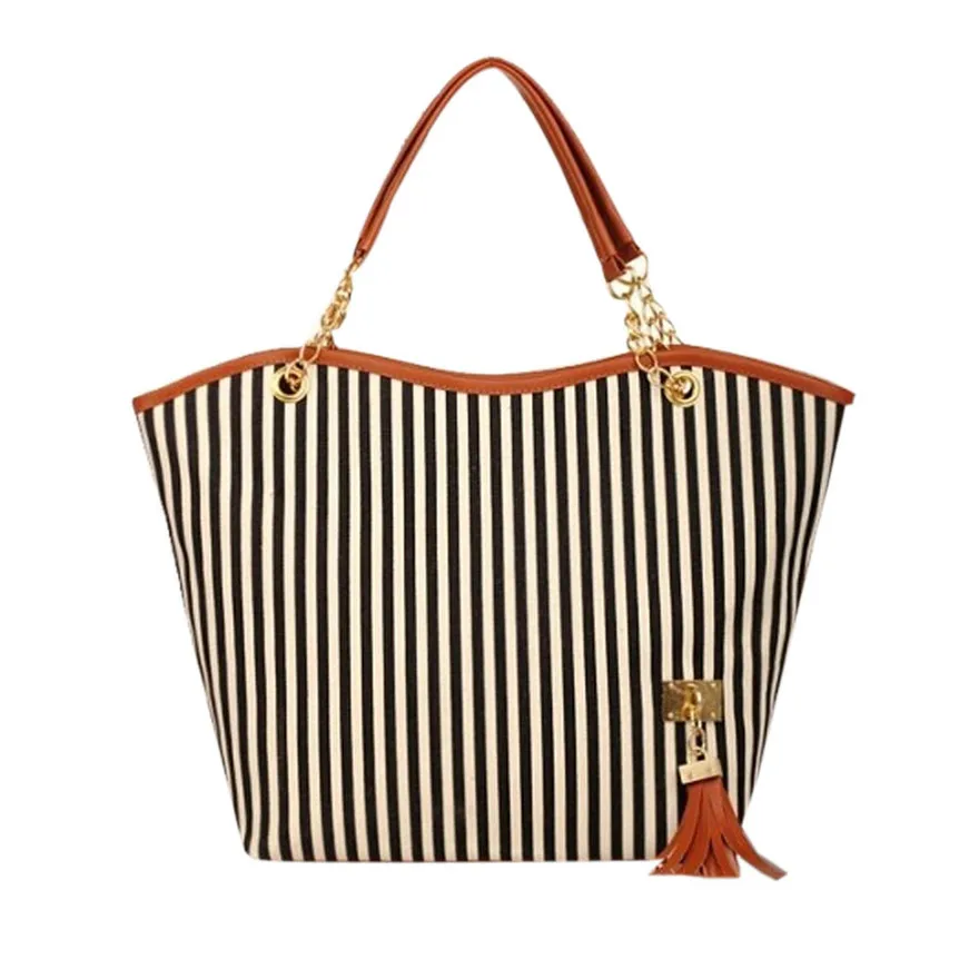 

MOLAVE Handbag Bag Female Solid Bags for Girls Zipper Women Stripe Tassels Chain Canvas Shopping Shoulder Tote Shop Bag Jul20PY
