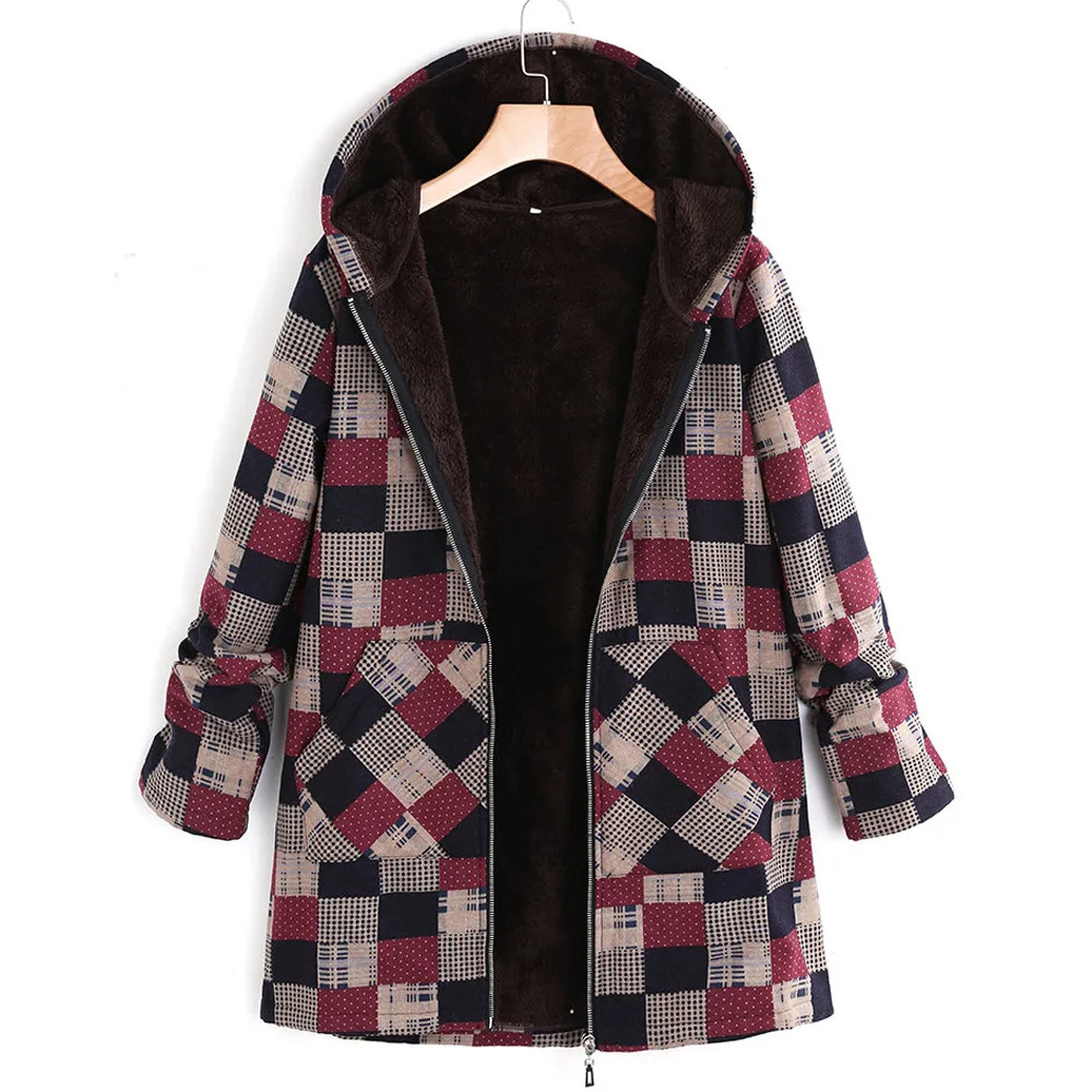 

2018 Plus Size Winter Women Retro Hooded Long Sleeve Cotton Linen Fluffy Fur Zipper Coat Outwear