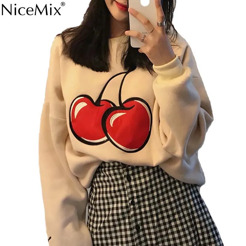 NiceMix Толстовка Harajuku для женщин толстовки вышивка Cherry Джемперы свободные бархатный пуловер Sudadera Mujer Survetement Femme 2019