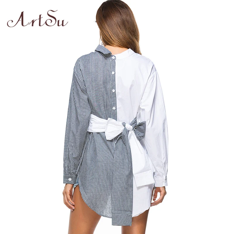 ArtSu otoño coreano de moda arco atado las mujeres blusa a rayas camisa de manga larga asimétrica Tops Blusas Ropa de Mujer ASBL30118 ArtSu otoño coreano de moda arco atado las mujeres blusa a rayas camisa de manga larga asimétrica Tops Blusas Ropa de Mujer ASBL30118