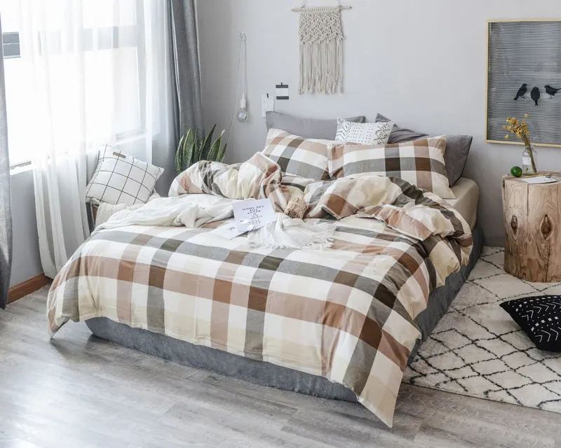 

plaid 100% Yarn Dyed Washed Cotton luxury bedding sets Duvet Cover Sheet Pillowcase Bed Set queen king full size ropa de cama