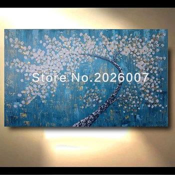 

Handmade Original Tree Painting White Flower Blue Gold Aqua Abstract Paintings Canvas Art Oil Painting Decor Artwork Art by OTO