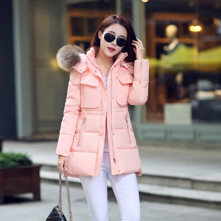 Зимняя женская куртка, роскошная пуховая хлопковая парка с воротником из искусственного меха енота и капюшоном, женская верхняя одежда, теплые облегающие куртки, пальто YM103 - Цвет: pink