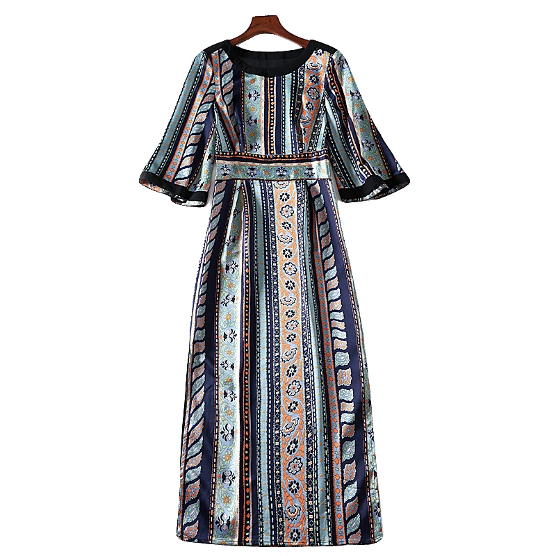 

XF 2018 Spring Fashion Designer Runway Summer Bohemian Dress Women Round Neck Sleeve Palace Retro Floral Print Slim Dress