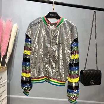 

Streetwear Color Block Rainbow Stripes Long Sleeve Outwear Bingbing Sequins Stand Collar Baseball Jacket Sliver Female Coats