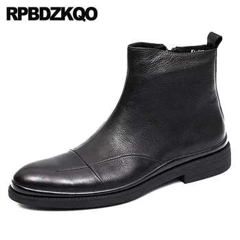 

Ankle Round Toe Zipper Shoes Fur Fall Handmade Mens Winter Boots Warm Full Grain Booties Autumn Black Genuine Leather High Top