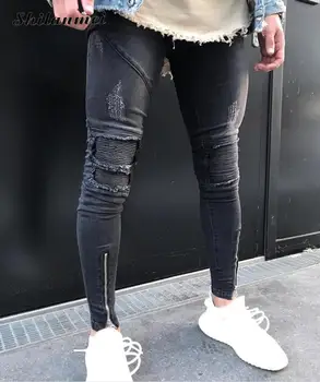 

High Quality Men Skinny Tapered Knee Leather Biker Jeans Men 2017 Fashion Hip Hop Stretch Ankle Zipper Jeans Calca Masculina