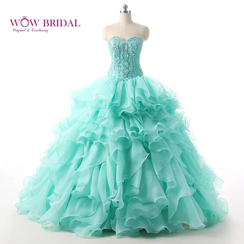 Wowbridal Роскошный Зеленая мята Quinceanera Платье Стеклянные Кристаллы Бальное платье Из Органзы Слои Сладкий 16 Платье Vestido Де 15