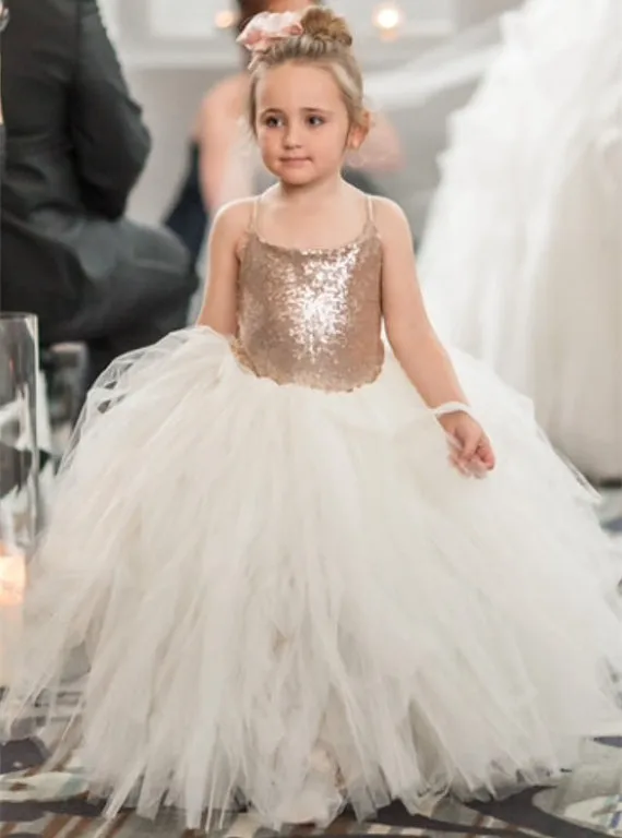 2018 New Champagne Sequin Bodice and Ivory Tulle Flower Girl Dress for Wedding Girls Birthday Party Pageant Dress 2018 New Champagne Sequin Bodice and Ivory Tulle Flower Girl Dress for Wedding Girls Birthday Party Pageant Dress