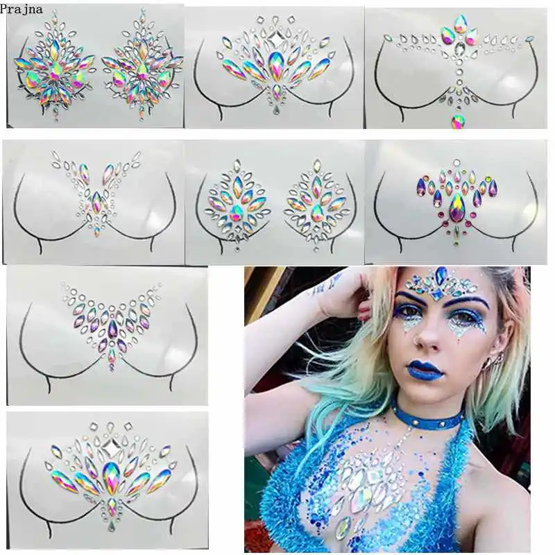 

Prajna 15 Styles Chest Crystal Stickers Festival Party Makeup Chest Parts Rhinestone Decoration Self-Adhesive Stickers Arts DIY