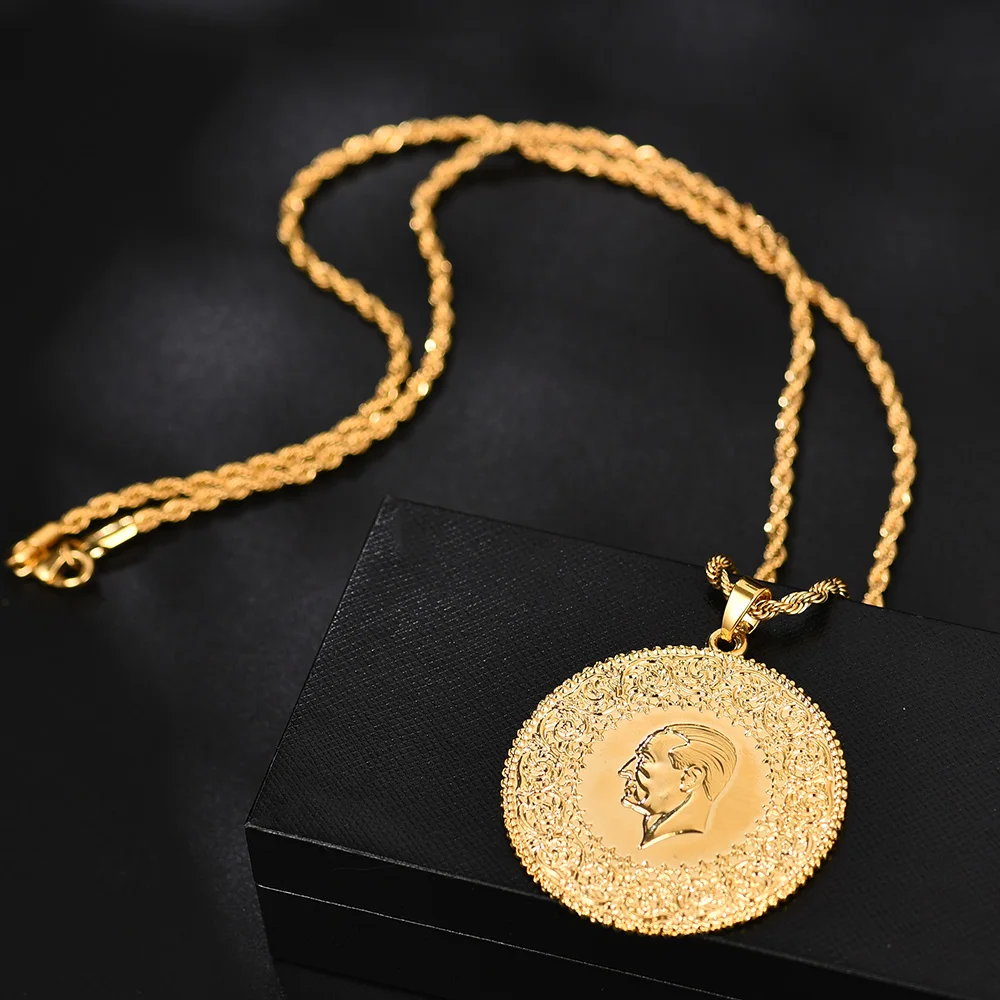 Три размера мусульманский ислам Турция Ataturk кулон Бог ожерелья в арабском стиле для женщин золотой цвет турецкие ювелирные изделия из монет этнические подарки