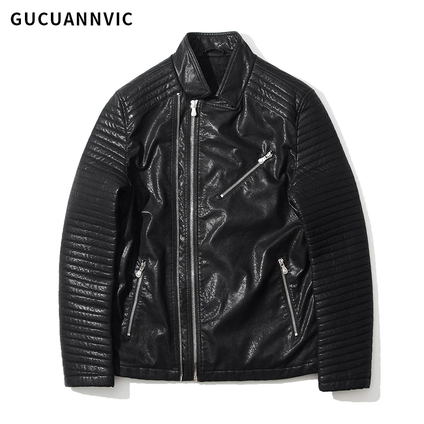 Fashion mens slim short faux leather jacket stand collar zippers