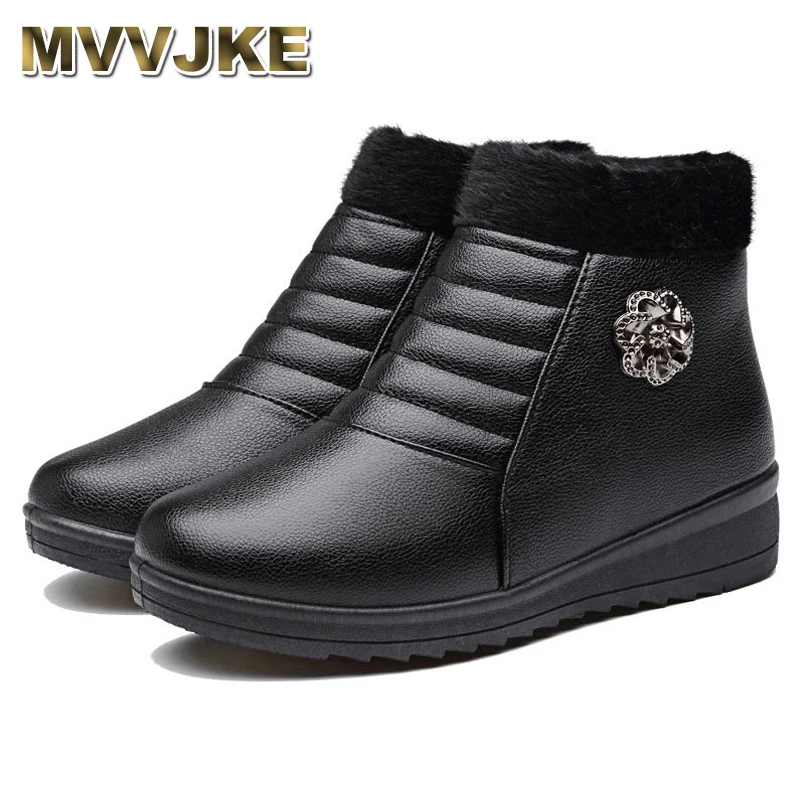 

MVVJKE Fashion Women Snow Ankle Boots Waterproof Zipper Leather Winter Boots Female Antiskid Plush Platform Bottes