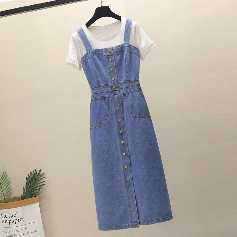 

Summer Woman Denim Overall Dress 2019 Korean Edition Sleeveless Spaghetti Strap Single-breasted Button Slim Fit Long Sundress