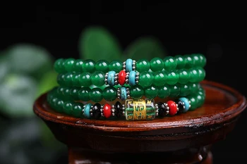 

New Fashion 6mm Green Chalcedony stone beads Tibetan Buddhist 108 Prayer Beads Gourd mala Prayer Bracelet for Meditation