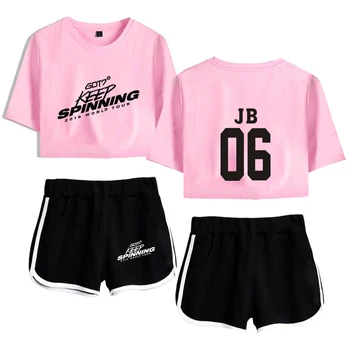 

GGOT7 printed fashion hip hop street T-shirt women's casual slim short-sleeved tshirt + shorts two-color mixed sports women suit
