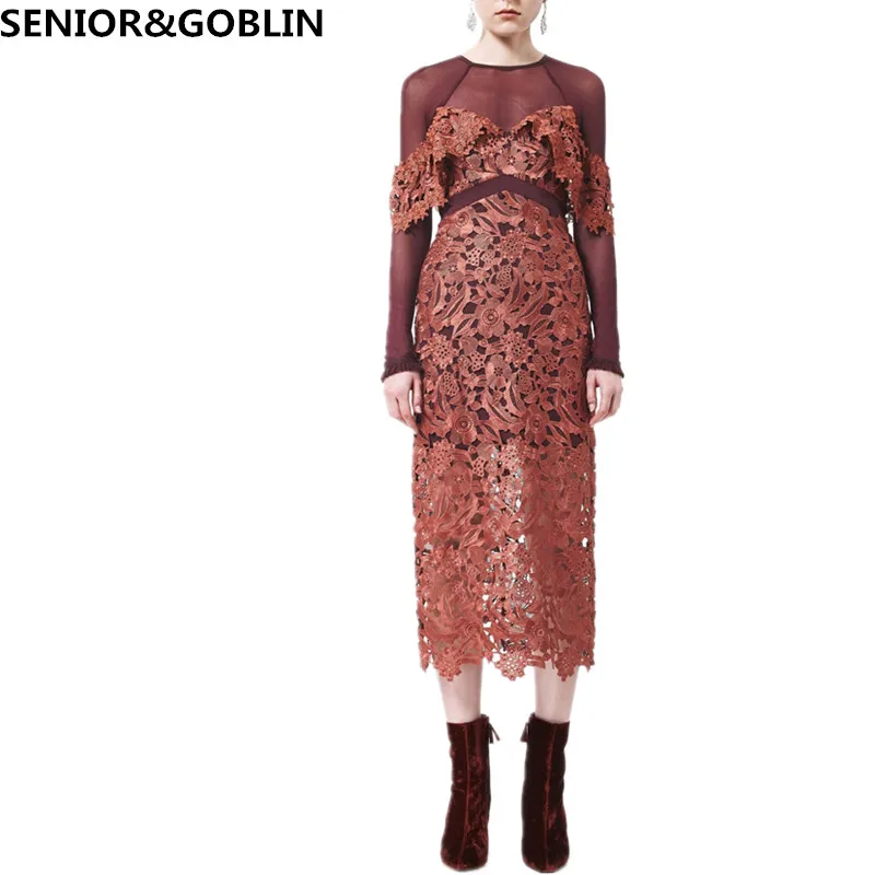 

High Quality Spring Luxury Runway Dress 2019 Self Portrait Lace Patchwork Mesh Crochet Hollow Out Ruffles Women Party Dress