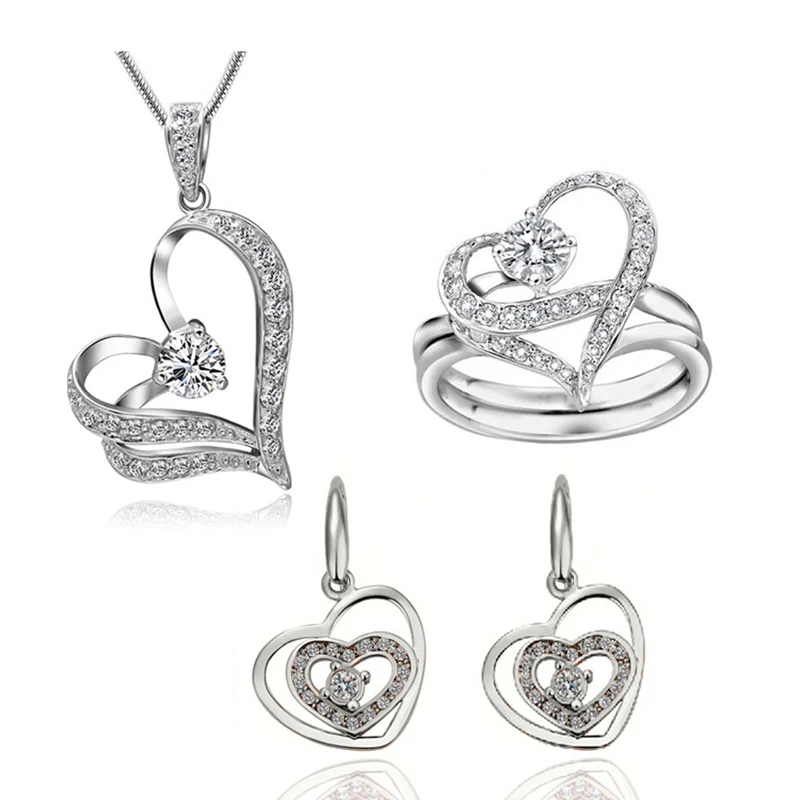 

fine jewelry silver plated cubic zirconia heart wedding jewelry sets for brides