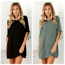 Свободное повседневное сексуальное однотонное платье-футболка с коротким рукавом и круглым вырезом на шнуровке новое летнее модное женское элегантное мини платье Vestidos