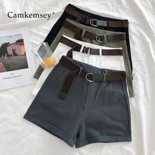 CamKemsey, летние женские шорты,, корейские, повседневные, высокая талия, классические, с манжетами, карго, шорты с поясом, 5 цветов