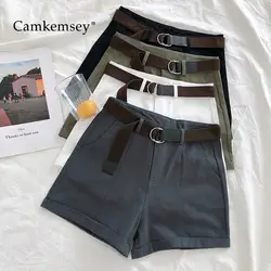 CamKemsey летние шорты Для женщин 2019 корейский Повседневное Высокая талия классический манжетами шорты-карго с поясом 5 цветов