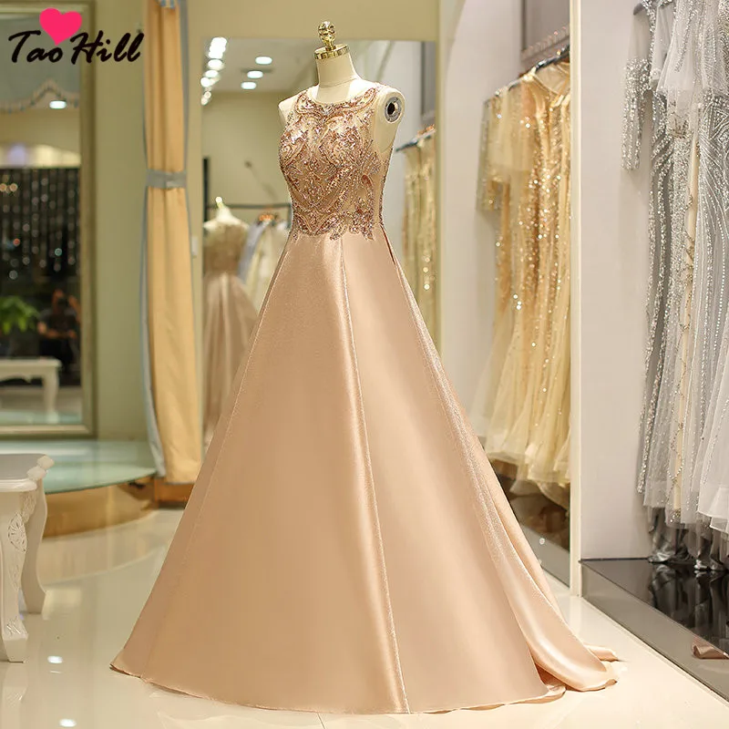 

TaoHill Luxury Beaded Sequins Crystal Dresses A-line Scoop Neck Long Champagne Gold Formal Evening Party Women Elegant