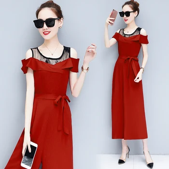 

Chiffon jumpsuits women 2018 summer new tall waist evening clothing pants lace patchwork wide-legged rompers lady outfit vestido