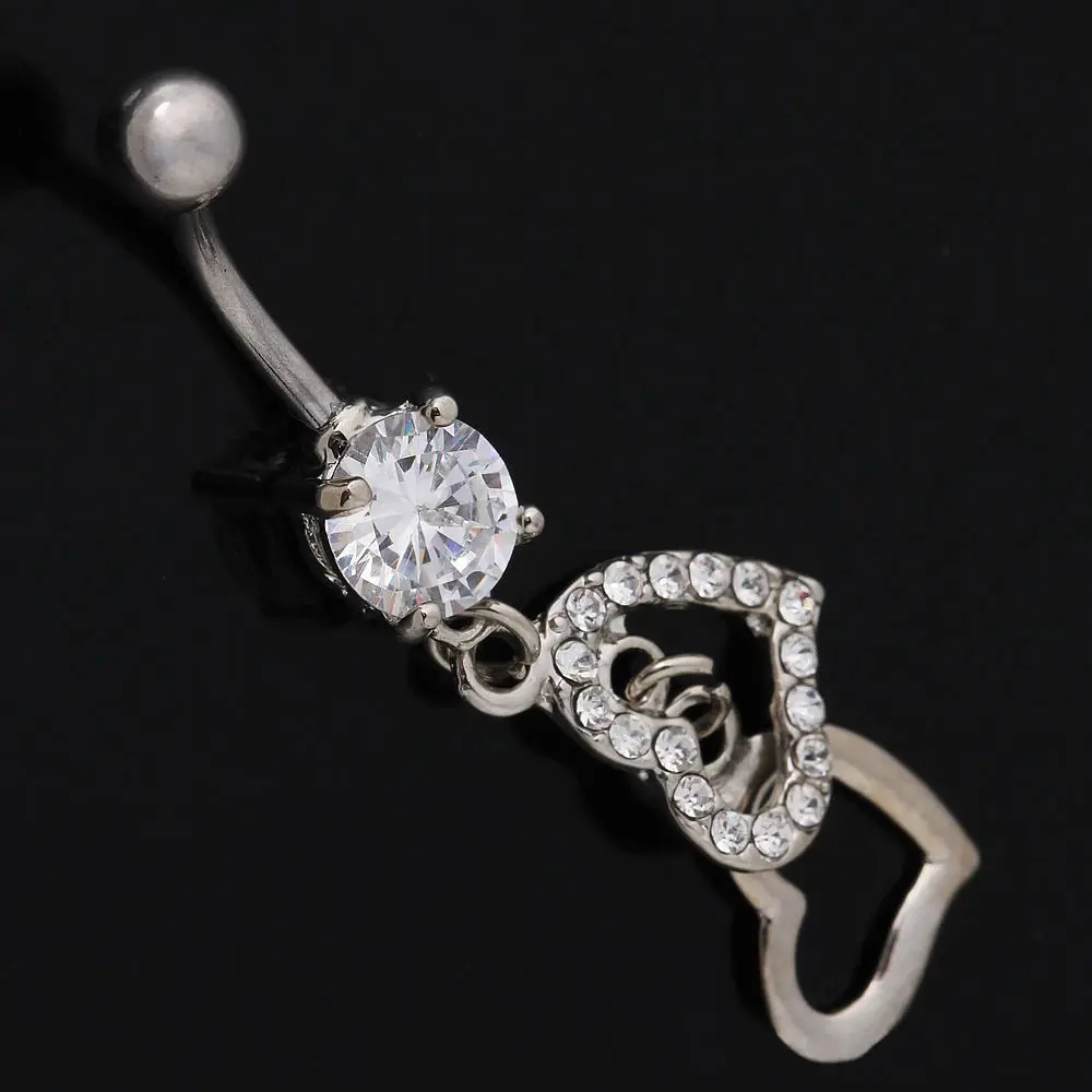Women Belly Piercing Body Jewelry Double Heart Navel Ring Crystal