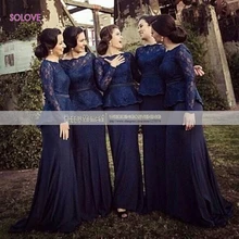 2016 Saudi Arabia Islam Muslim Bridesmaid Dress Long Sleeve Scoop Lace Mermaid Bridesmaid Dress vestido de dama de honor SL-B80