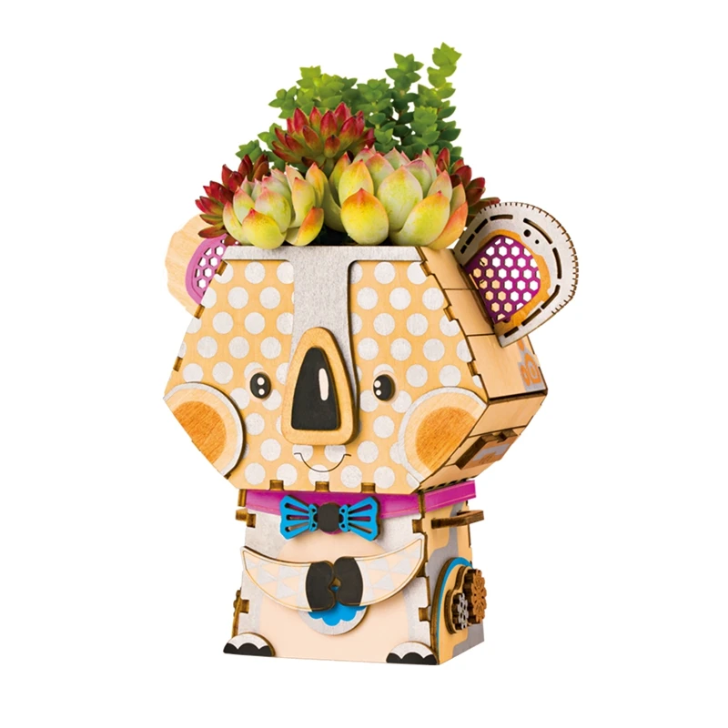 Robotime DIY Cartoon Koala Flower Pot for Succulent Plants Wooden Flowerpot Small Mini Home Office Garden