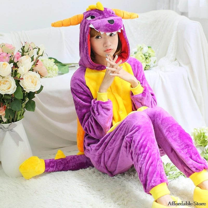 Фиолетовый дракон взрослых унисекс Повседневное фланели с капюшоном пижамы Косплэй одежда для сна с животным принтом из мультфильма для