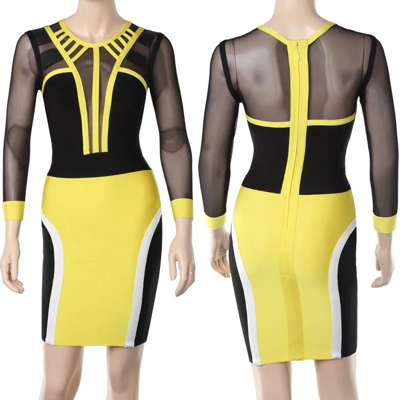 long sleeve yellow bandage dress