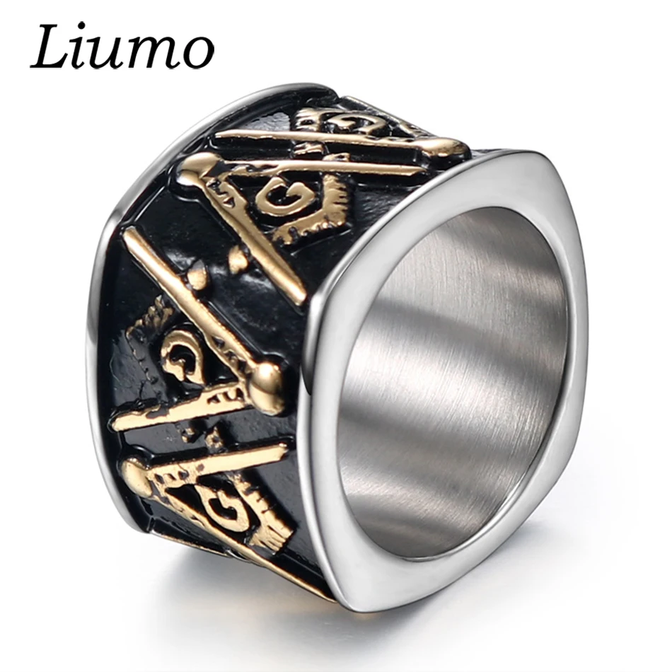 

Liumo Fashion Black Gold Color 16mm Width Masonic Men 316L Stainless Steel Simple Wedding Band Biker Ring Lr950