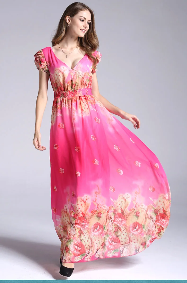 Robe femme ete, летнее шифоновое платье с цветочным рисунком, v-образный вырез, короткий рукав, большой размер, Элегантное Длинное пляжное платье макси, Vestidos mujer