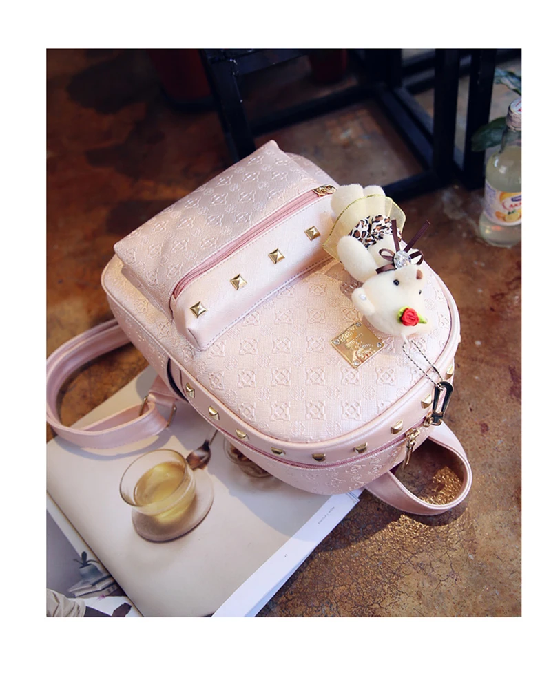 Имидо известный бренд Для женщин сумки школьный рюкзак модные женские заклепки комплект с милым медведем из искусственной кожи композитный мешок 4 шт./компл