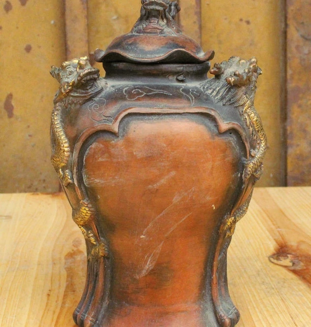 

8" Marked Chinese Palace Bronze Gilt Evil Dragon Beast Statue Bottle Vase Pot