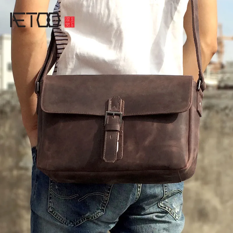 

AETOO New first layer of leather men's shoulder bag leather male package cross-section oblique cross-bag Japanese and Korean ver
