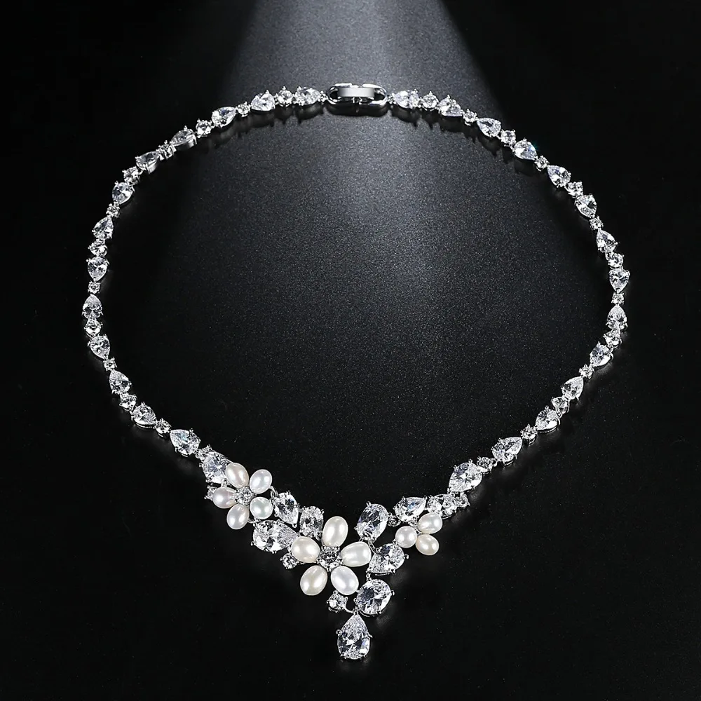 LUOTEEMI Culture D'eau Douce Perles Fleur et Clair CZ Waterdrop Nuptiale De Mariage Ensemble de Bijoux Pour Les Femmes Boucles D'oreilles Collier Ensembles - 3