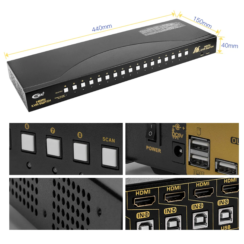 USB HDMI KVM переключатель 16 портов без кабелей, ПК МОНИТОР клавиатура мышь коммутатор 1080 P стойка крепление CKL-9116H