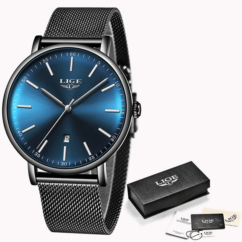 LIGE, женские часы, Лидирующий бренд, Роскошные водонепроницаемые часы, модные женские ультра-тонкие повседневные наручные часы из нержавеющей стали, кварцевые часы - Цвет: black blue